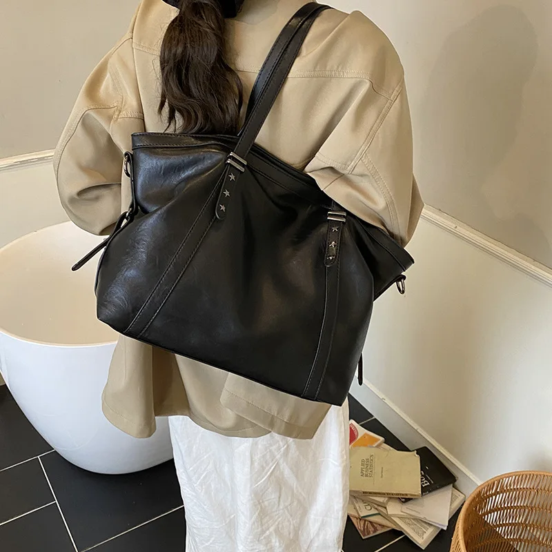 Large capacity women's versatile college style single shoulder soft leather tote bag for casual commuting and crossbody dual-use