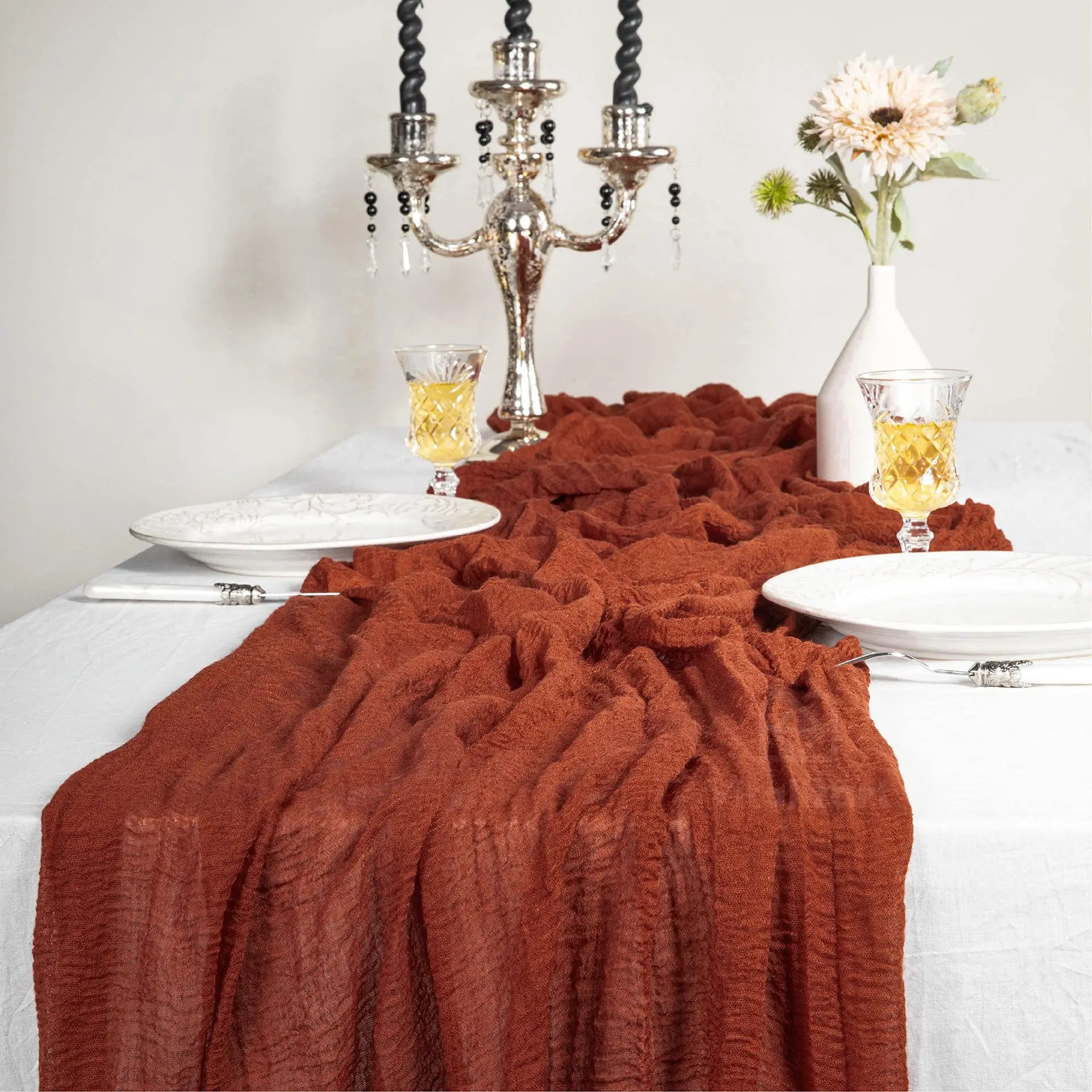 Saliegroene tafelloper, 6 stuks, 90 x 300 cm, mesh, boho-tafelloper, wasbaar, decoratie voor bruiloft, verjaardag, feest, bruiloft, babyshower
