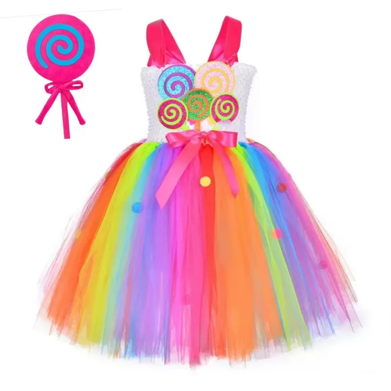

Toddler Girl Rainbow Tutu Dress Lollipop Princess Costume Party Show Outfit Kids Birthday Carnival Halloween Cosplay Dance Suit