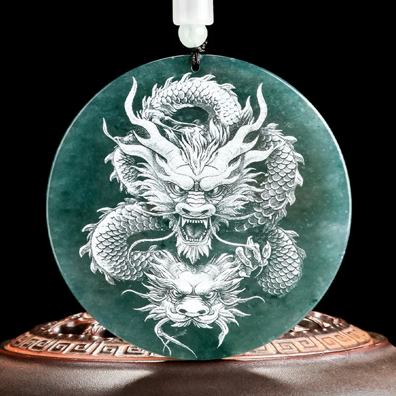 

Authentic Natural A-grade Jadeite Blue Water Dragon King Shadow Carving Ice Type Jade Pendant Zodiac Men's Charms Women' Jewelry