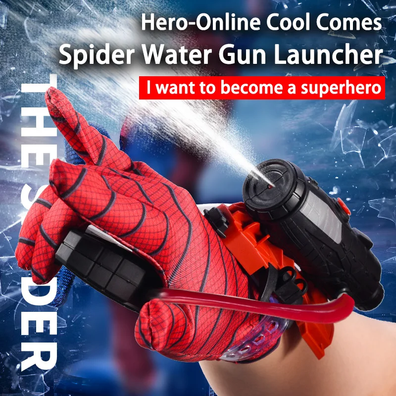 스파이더맨 물총 여름 손목 슈팅 물 장난감, 애니메이션 물총, 어린이 코스프레 소품 게임 선물 장갑 포함 플라스틱 