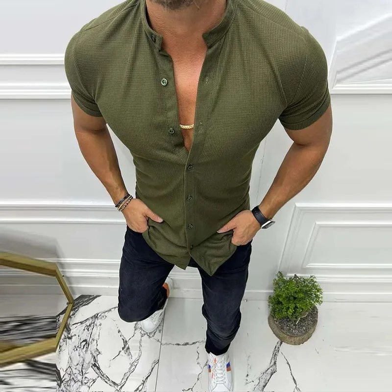 

Waffle Solid Shirts For Mens Casual Stand Collar Buttoned Short Sleeve Slim Tops Summer Shirt Leisure Clothing Men Streetwear