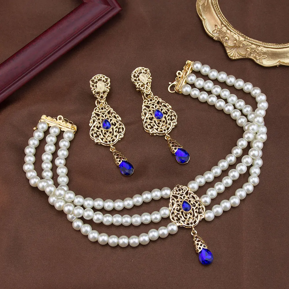 Sunspicems شيك المغرب مجموعة مجوهرات الزفاف القرط حبة اللؤلؤ المختنق قلادة الذهب اللون العربية سلسلة عنق بيجو