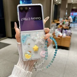 Glitter Transparent Epoxy Phone Case with 3D Sea Star Design and Chain - Shockproof Protective Back Cover - Galaxy Z Flip5 (Yellow White)