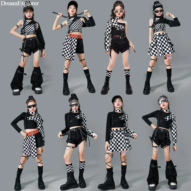 Hip Hop Mädchen Crop Top Plaid Röcke Kind Streetwear Goth Kleidung Sets Street Dance T-shirt Shorts Kinder Jazz Mädchen Gruppe Kostüme