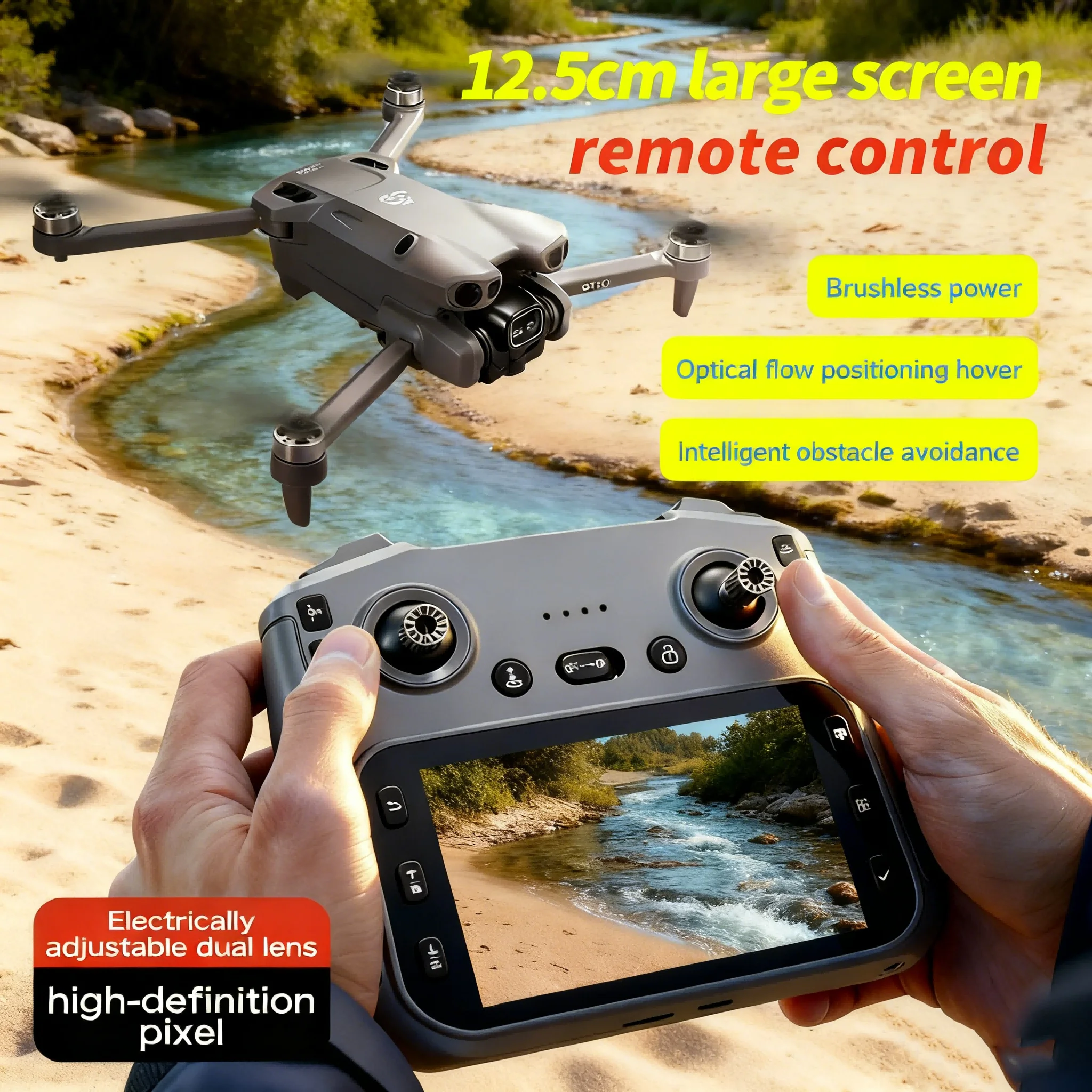Gros plan sur la caméra 4K HD du Drone GT50 Noir, montrant son objectif et son stabilisateur, avec GPS et Retour d'Image WiFi.