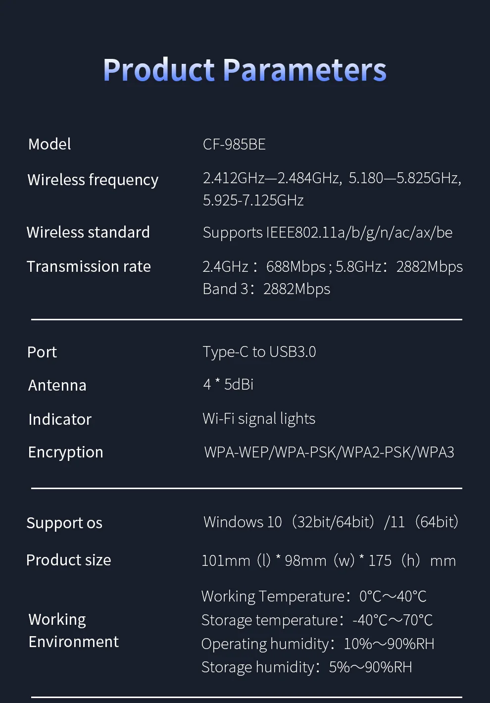 COMFAST WiFi 7 BE6500 USB-Adapter 2,4G/5,8G/6G USB 3.0 WIFI High Gain 4 Antennen Netzwerkkarte Treiberfrei für PC/Laptop Win10/11 – Detail 19