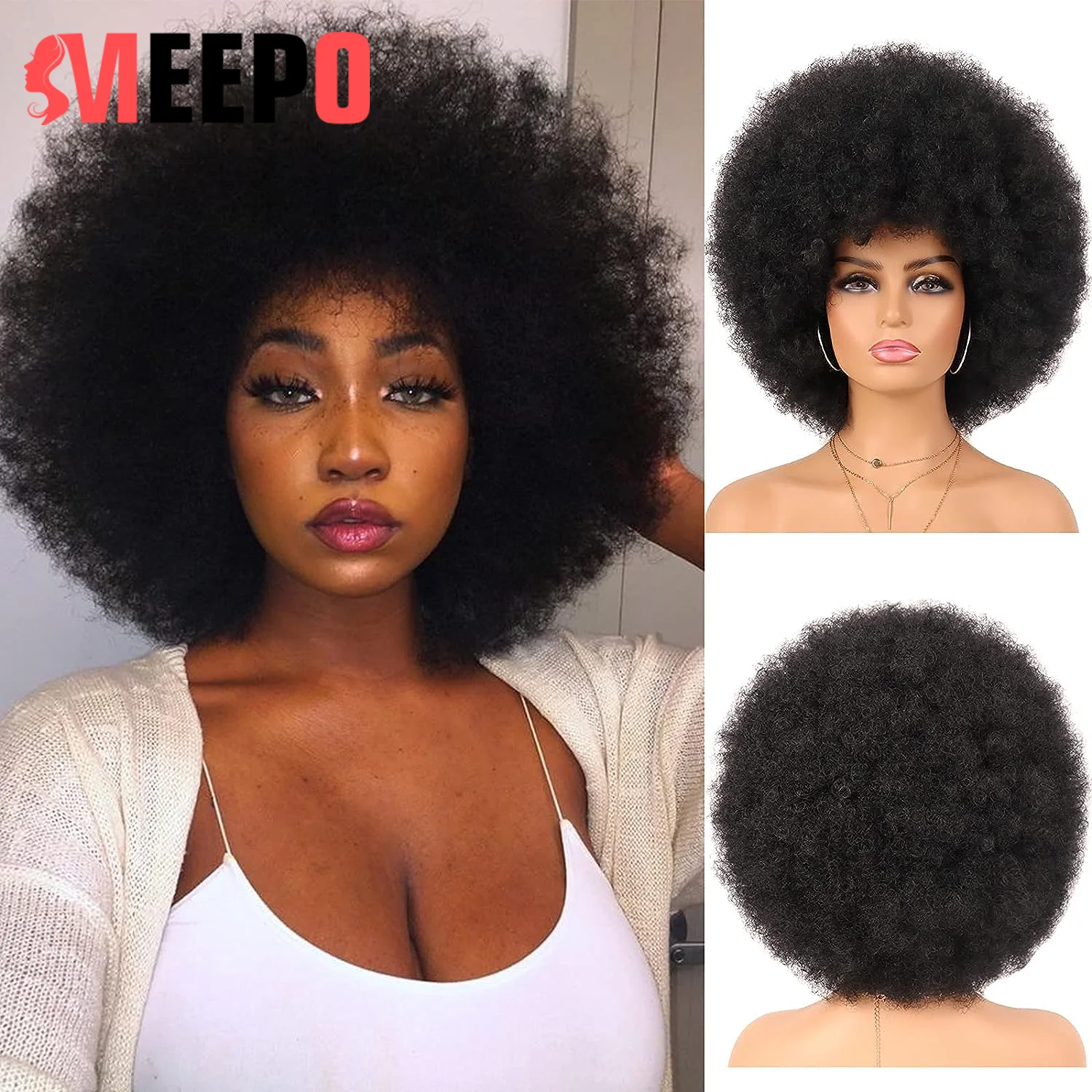 

Meepo 14Inch Short Synthetic Afro Wigs Black Bob Soft Hair Boom Hair Cosplay Afro Kinky Curly Wig With Bangs For Black Women