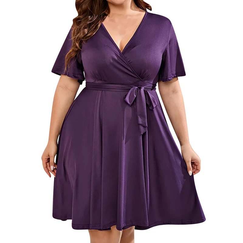 Summer Plus Size Women's Clothing Solid Color Milk Silk Casual V-Neck Sashes Bandage Short Sleeve Pullover Mid Length Dress