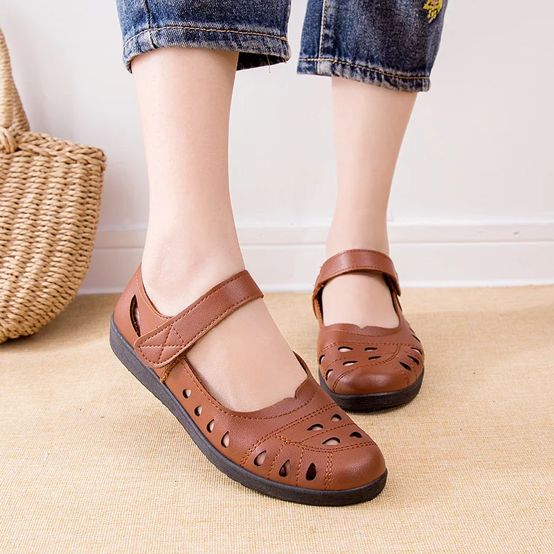 Spring Summer Women's Leather Flat Shoes Breathable Soft Sole Ladies Mary Janes Shoes Female Non-slip Leisure Footwear Mom Shoe