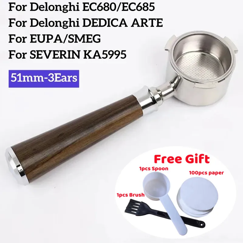 Filtro Portafiltro Senza Fondo Per Caffè, 51Mm, 3 Orecchie Per Delonghi Solution Ec685, Ec680, Dedicata Arte, Eupa, Smeg, Gravin Ka5995