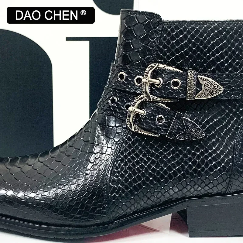 LUXURY DESIGNER MEN ANKLE BOOTS SHOE COFFEE BLACK SNAKE PRINT BUCKLE STRAP CASUAL DRESS SHOES GENUINE LEATHER BOOTS MEN