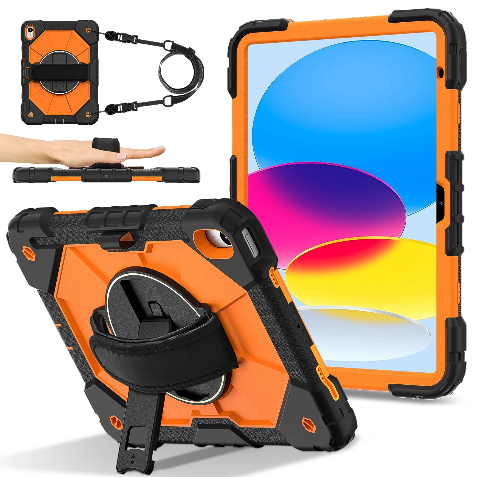 360 Rotatable Universal Protective Case for Tablets with Hand and Shoulder Strap - 3-Layer Hybrid Cover, 11-Inch