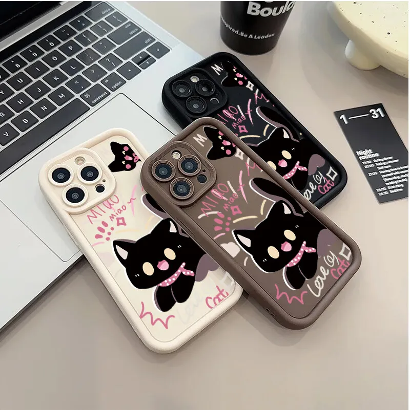 Adorable Black Cat Couple Silicone Soft Phone Case - Y2K Cartoon Design