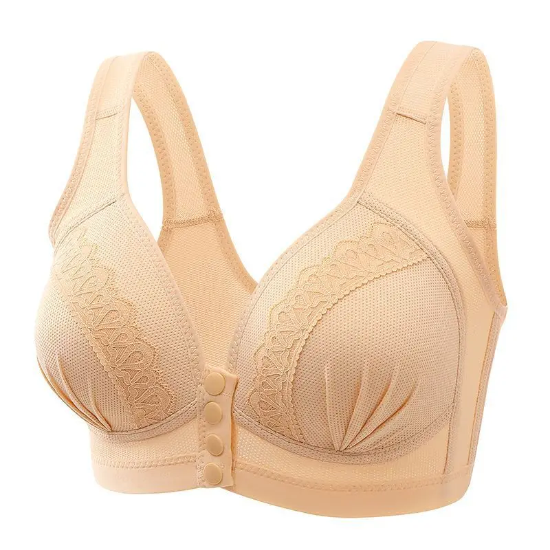 Gather Breathable Comfortable Breast-free Underwire Middle-aged Mom Bra With Large Size Front Buttons Nursing Underwear