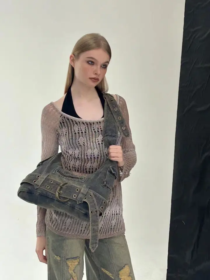 バッグ y2k grunge denim punk shoulder bag 00s Women Vintage Denim Punk Shoulder Bag Design Y2k Black