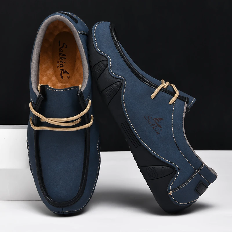 New 2024 Autumn Handmade Leather Casual Men Shoes Design Fashion Sneakers Man Loafers Breathable Low Top Flat FootWear Driving 3