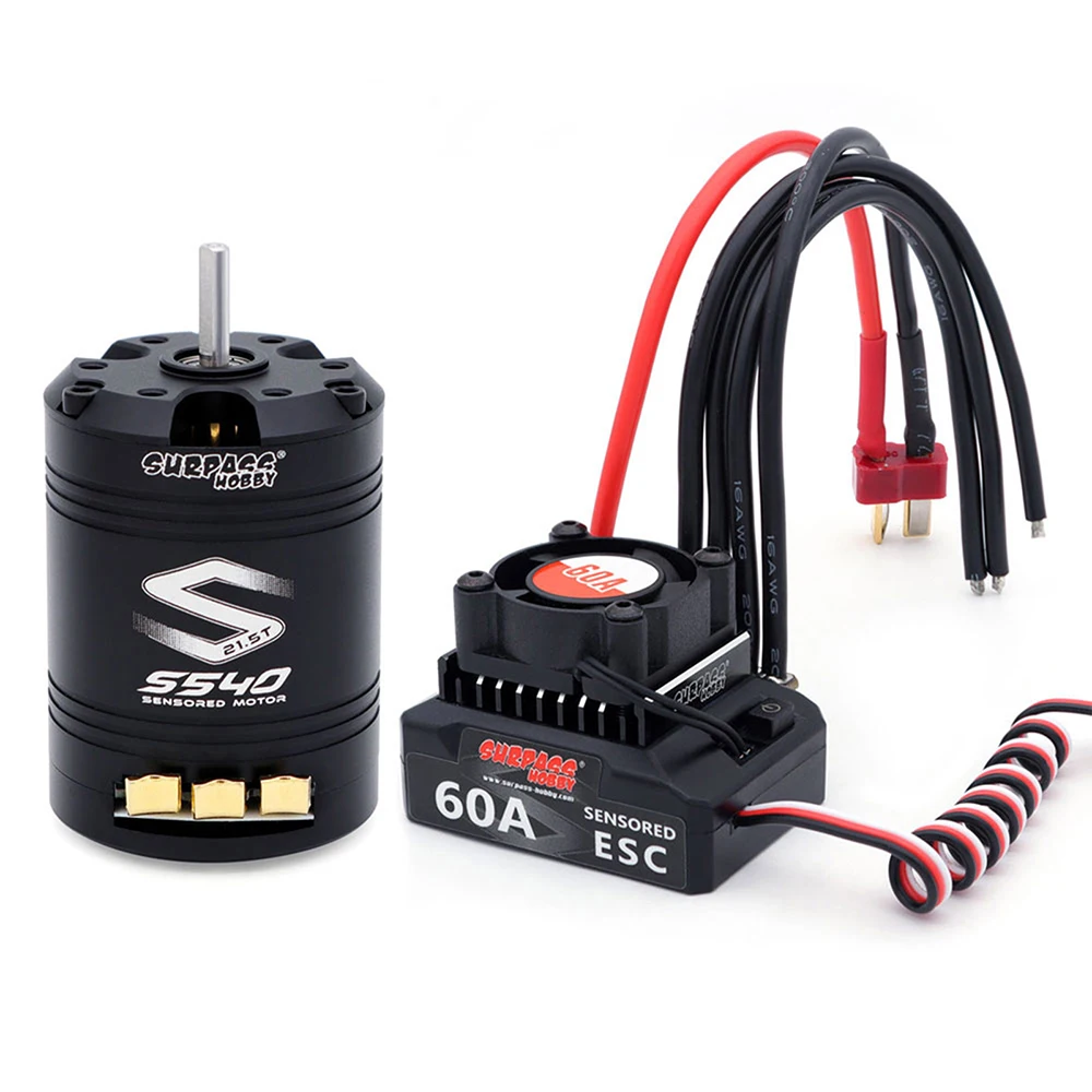 Détail du combo moteur et ESC SURPASSHOBBY pour voiture RC 1/10, câbles et connectiques visibles