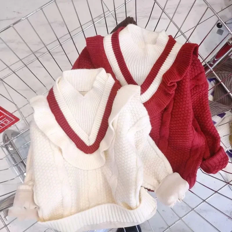 

Winter Warm Knitted Versatile Bottoming Shirt Knitwear Children Top College Style Sweater Natural Color Ruffled Padded Girls