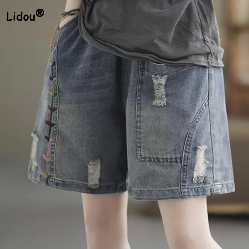 Trend Summer Fashion Pockets Patchwork Denim Shorts Female Casual Vintage Elastic High Waist Wide Leg Shorts Women's Clothing