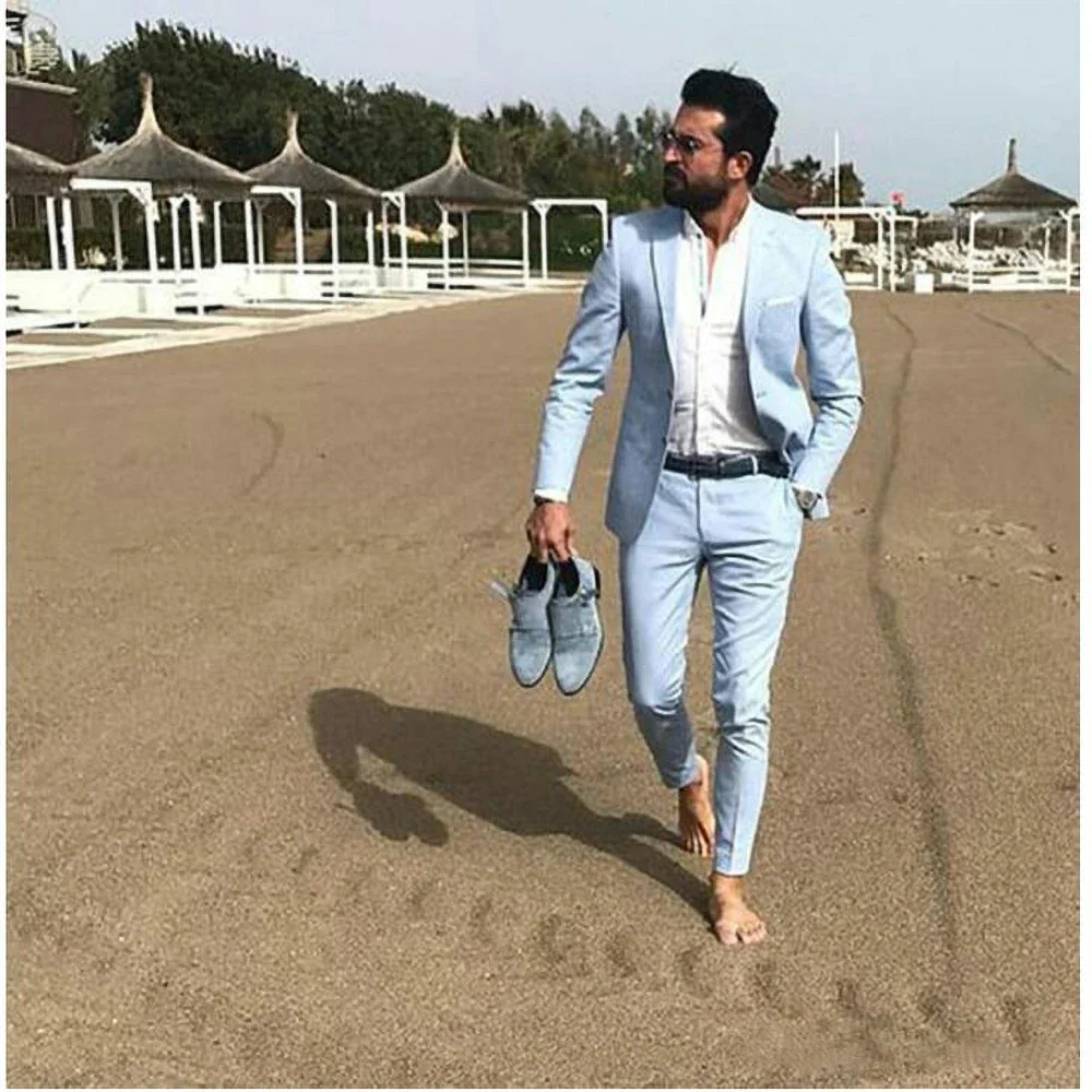 Fatos monocromáticos de lapela masculina, roupas de praia, noivo, padrinho, smoking de casamento formal, azul céu, moda casual, elegante, verão, 2 peças