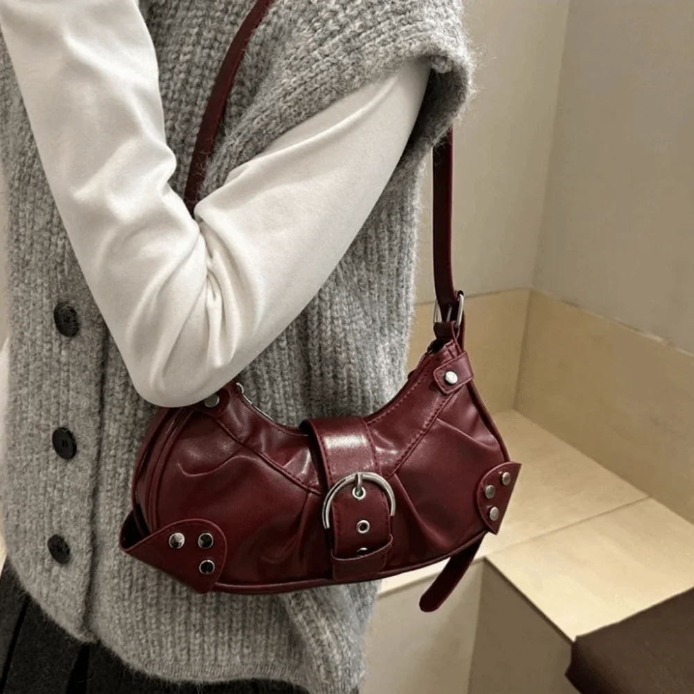 Borsa a Spalla Casual Monocolore con Fibbia, Borsa Hobo in Pelle PU Stile Y2K, Borsa a Tracolla Gotica Spicy Girl, Borsa a Mano per Shopping - immagine 3