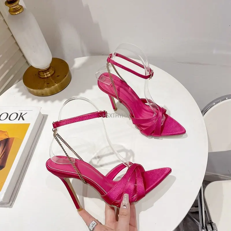 

Peep Toe Metal Chain Ankle Strap Buckle Women's Sandals Hollow Silk Solid Color Stiletto High Heels Size 35-41 Pointed