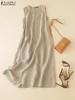 2025 ZANZEA Summer Solid Long Dress Women V Neck Sleeveless Beach Sundress Casual Beach Holiday Maxi Robe Femme Cotton Vestidos