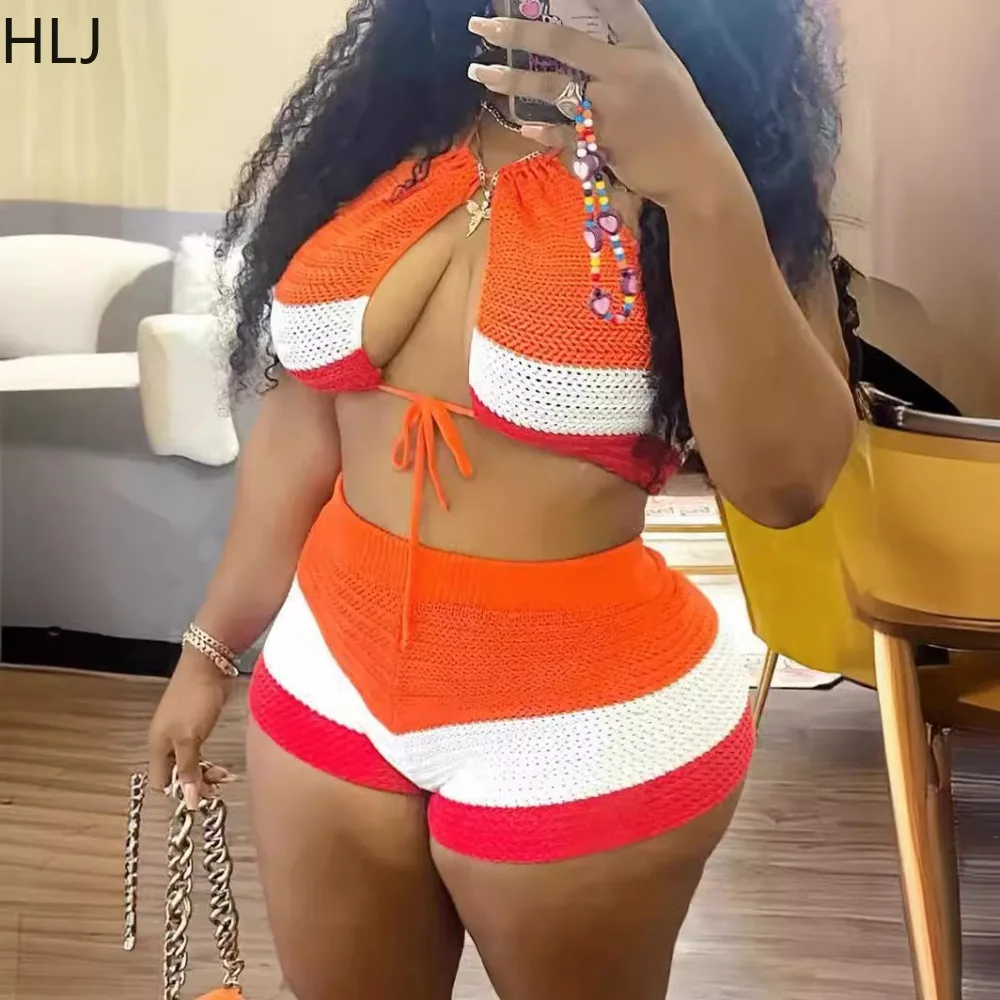 

HLJ Orange Fashion Knitted Stripes Hollow Shorts Two Piece Sets Women Halter Lace Up Sleeveless Backless Crop Top+Shorts Outfits