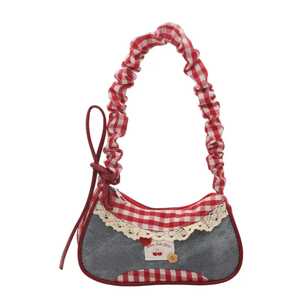 Allgleiches süße französische Stick-Handtasche, Denim-blaue Schleife, karierte Umhängetasche, große Kapazität, Spitzenband, Stoff, Unterarmtaschen, täglich – Detail 2