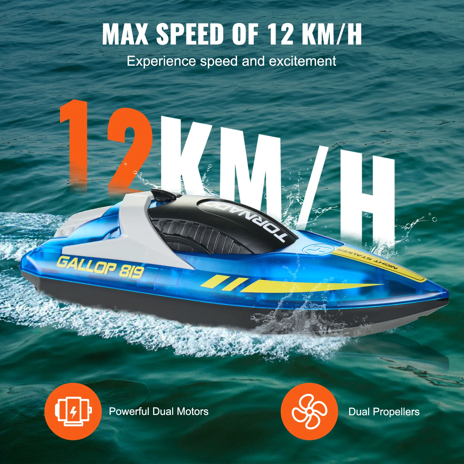 VEVOR HJ819 RC Boat 2.4GHz 12 km/h High-Speed Remote Control Racing Ship Water Speed Boat Children Model Toy for Kids Adults 3