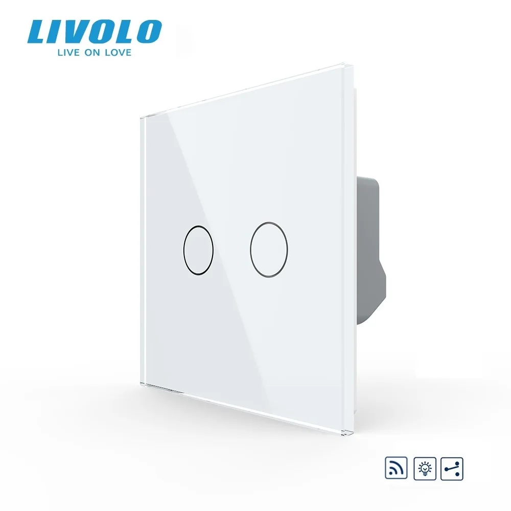 

Настенный выключатель Livolo со стеклянной панелью стандарта ЕС, с регулировкой яркости и беспроводным выключателем, 2 клавиши, сенсорный датчик управления для дома