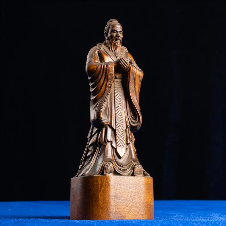 手彫り木製孔子像彫刻フィギュア。知恵の賢者。風水知識運オーナメント