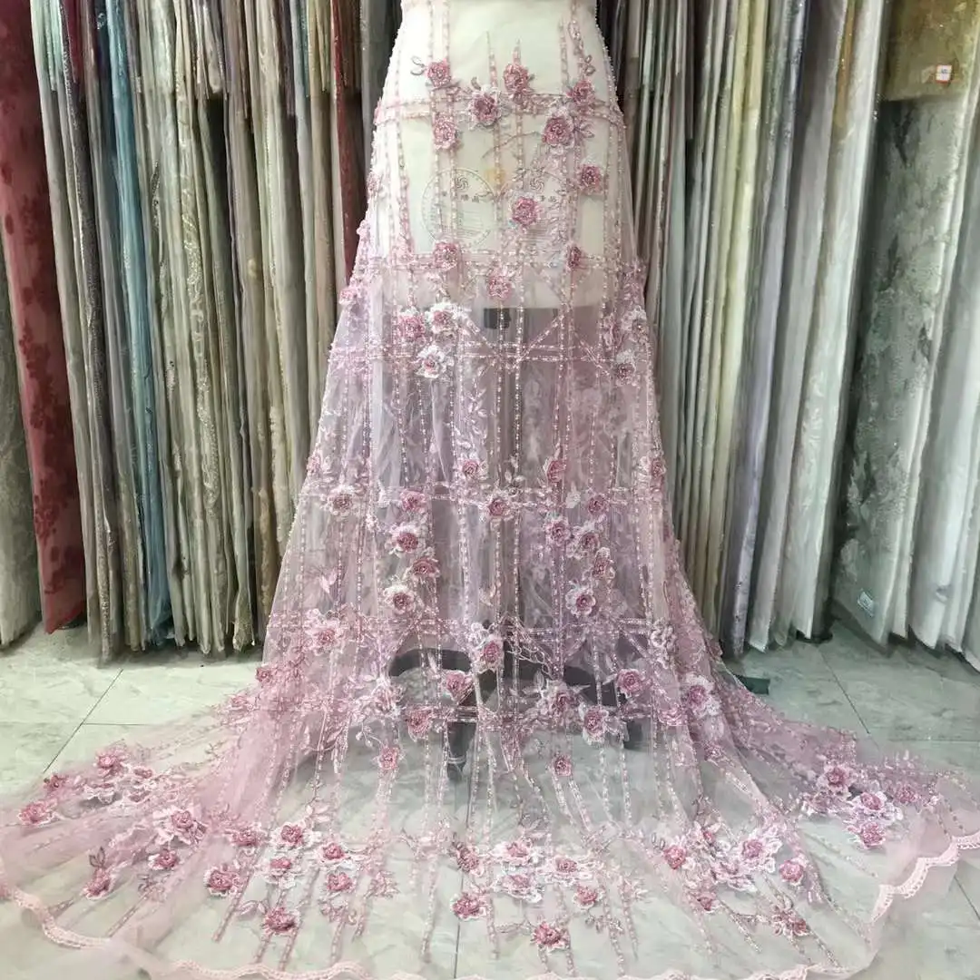 

Красивый дизайн платья, 3D кружевные бусины, вышивка, французская сетчатая пряжа, африканская нигерийская кружевная ткань для вечерних платьев, свадеб