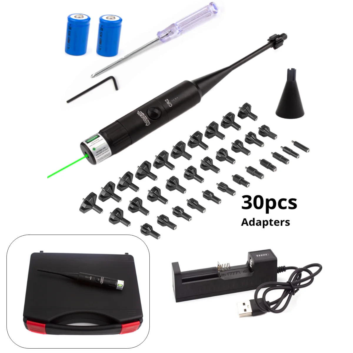 Bore Sight Kit 30Adpaters from .177 .22 to 12GA with Stable Centering Device Boresighter