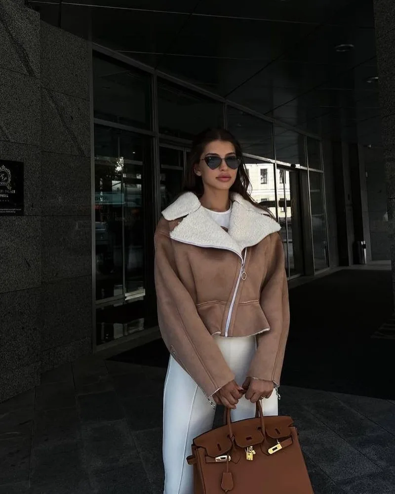 Abrigos ajustados con cuello vuelto para mujer, moda otoño invierno 2025, chaquetas de manga larga para mujer, cárdigan corto informal de calle para mujer