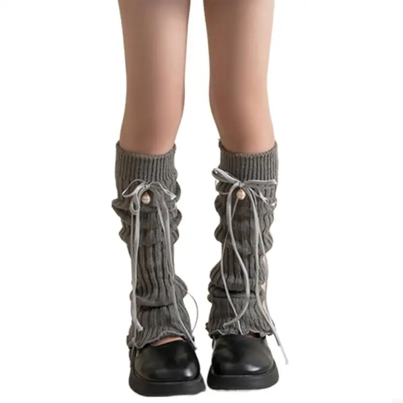 J6BE Knitted Warm Foot Cover Breathable Leg Warmer with Bells and Ribbons Decorations