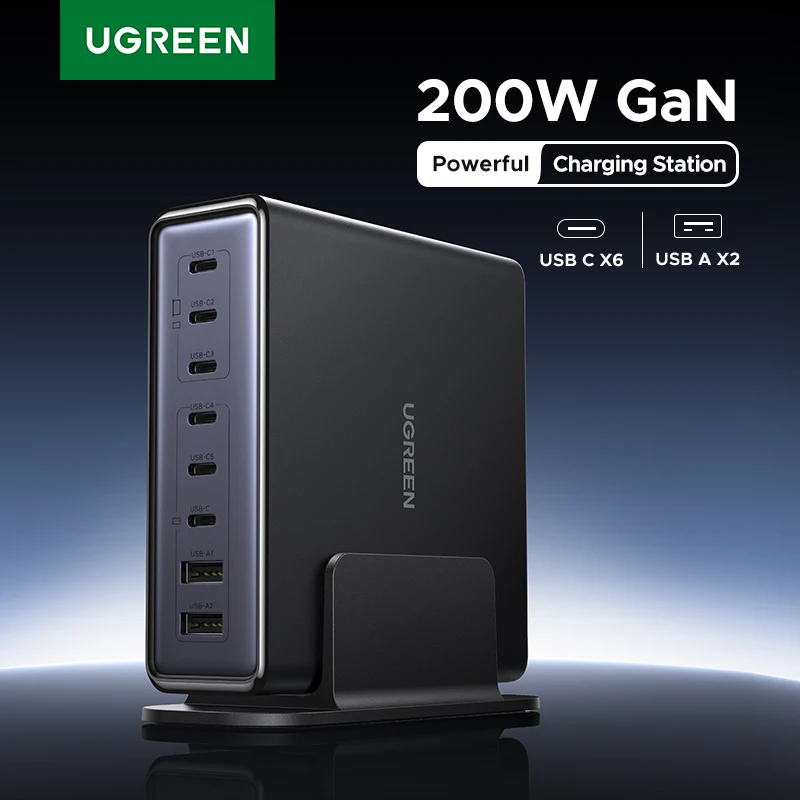 【قابس كوري】UGREEN 200W GaN شاحن 8 في 1 محطة شحن سطح المكتب لأجهزة الكمبيوتر المحمول Macbook iPhone 16 15 Pro Xiaomi Samsung Tablet