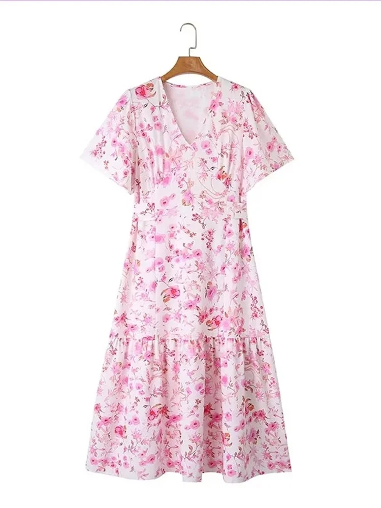 

Womens Summer Pink Flower Print Straight Long Dress Chic Lady V-Neck Short Sleeve Elegant Dress With Belt Girls High Waist Dress