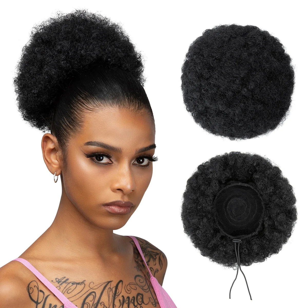 

African wig bun for women with high ball hair accessories, drawstring style fluffy curly hair, hair bun