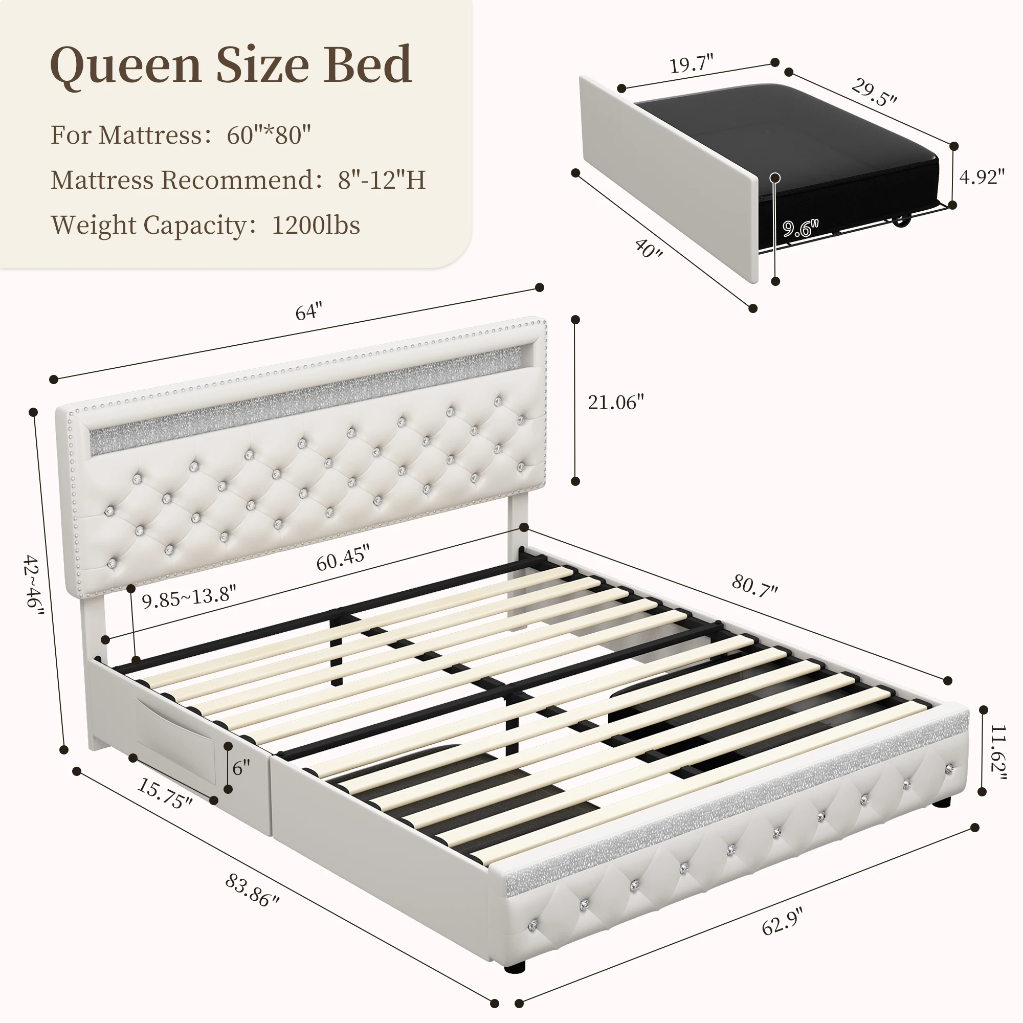 Modern Queen Bed Frame with Drawers, White PU Leather Upholstered Platform with Crystal Tufted Adjustable Headboard, Strong Meta