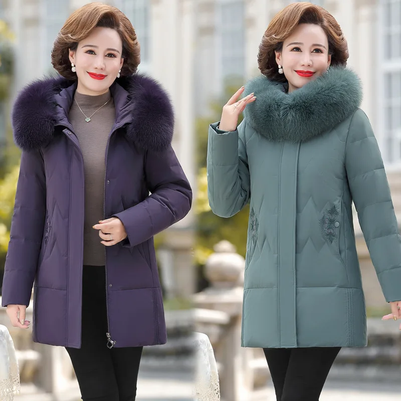Real Fox Fur Collar White Eiderdown Down Jacket Women Long Large Size Loose Winter Coat Embroidered Coat for Middle-aged