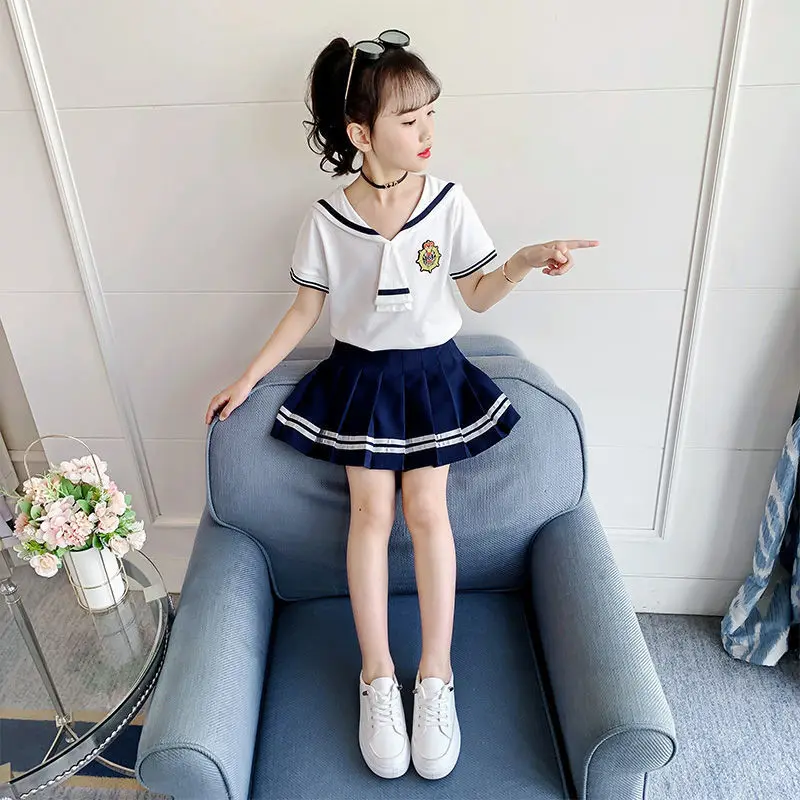 

2023 Casual Style Jk Uniform Suit Korean Junior Girls Summer Clothes Short-Sleeved Tops + Pleated Skirt Sets Tie Kids Loungewear