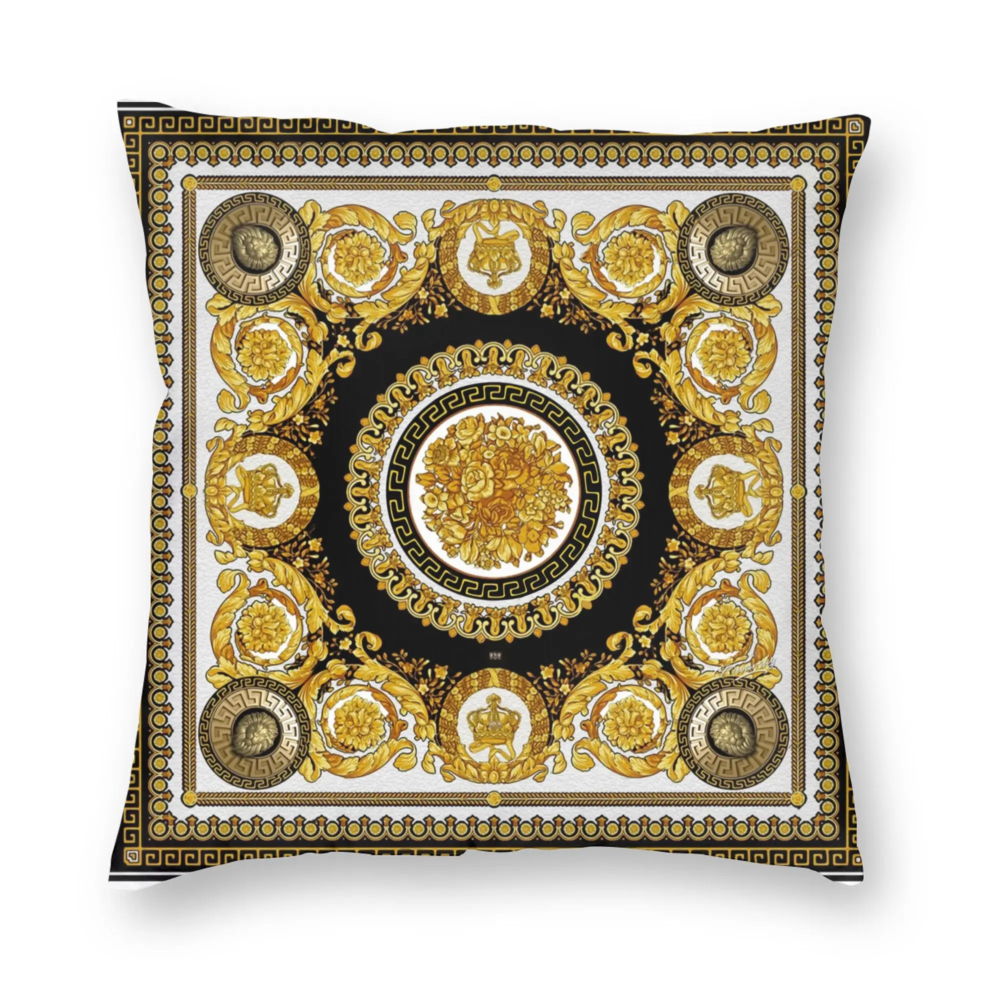 Elegant Baroque Gold Medallion Decorative Pillowcase - Luxurious Soft Fabric Cushion Cover