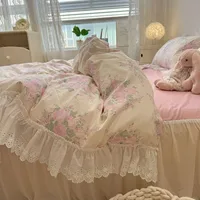 4Pcs Vintage Floral 100%Cotton Soft Bedding Set White Lace and Ruffle Comforter Cover Queen size(1Duvet+1Bedskirt+2Pillow shams) 2