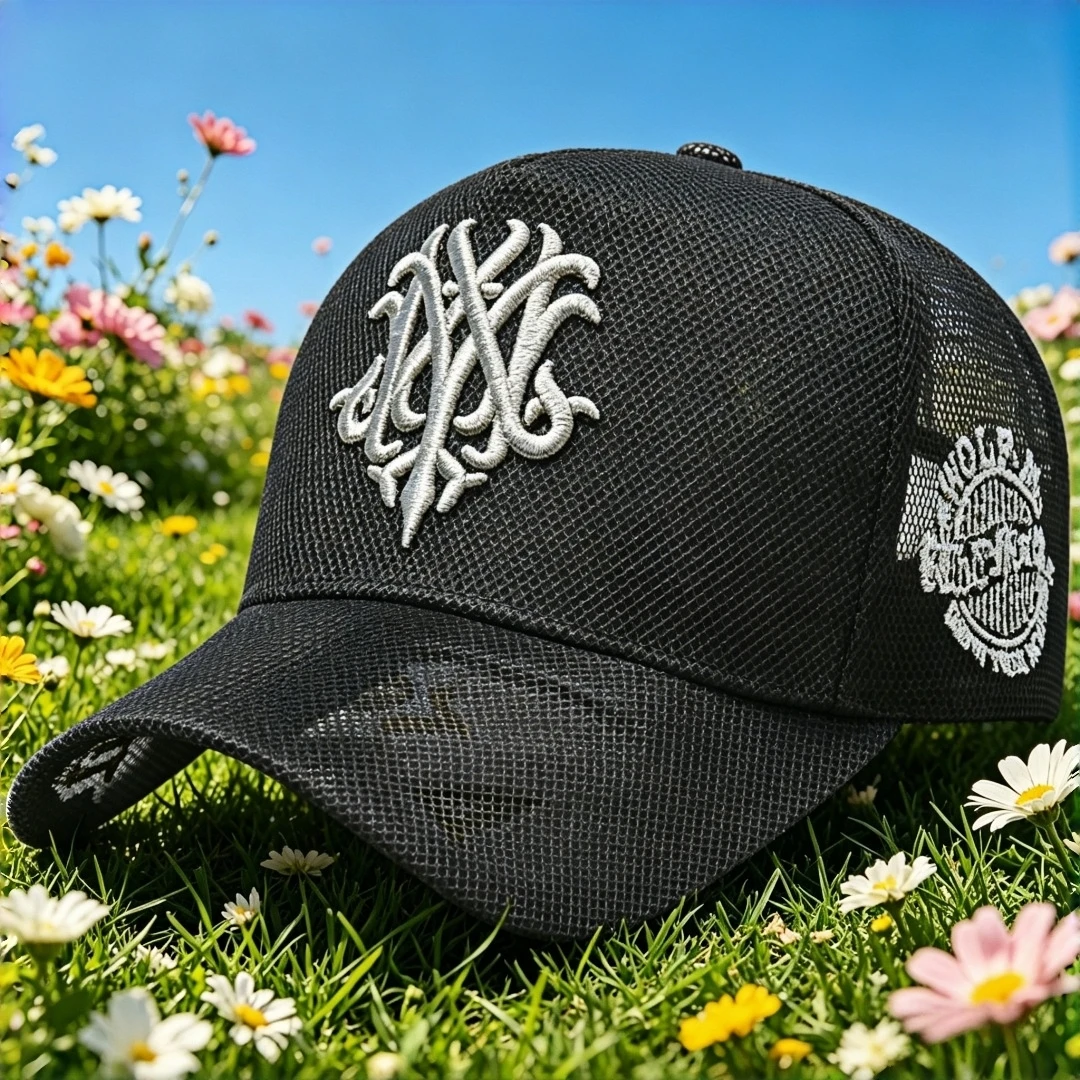Breathable Mesh Trucker Cap with Gothic Embroidery, Adjustable Summer Sun Hat for Men Women Streetwear Outdoor Casual Headwear