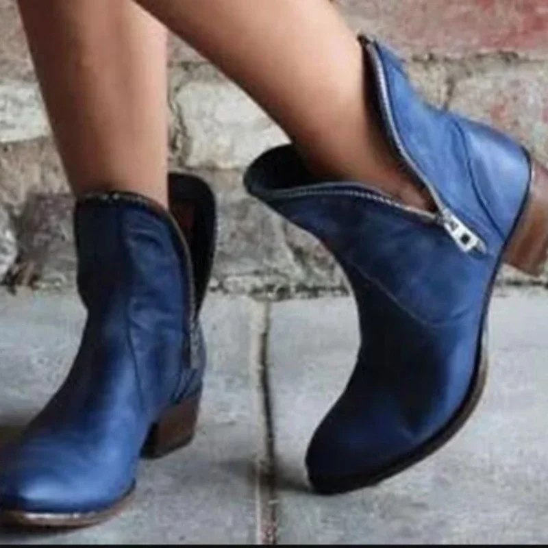 

Женские ботинки, Модные ботильоны из искусственной кожи на молнии, на квадратном каблуке, Женская обувь в британском стиле, темно-синие, Осень-зима, новый стиль, рабочие ботинки