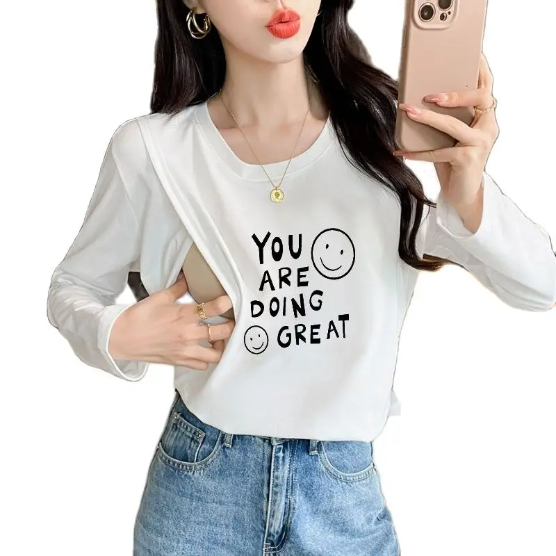 

Autumn and Winter New Loose Pure Cotton Breastfeeding T-shirt Postpartum Woman Long Sleeved Nursing Shirts Letters Printing Tops