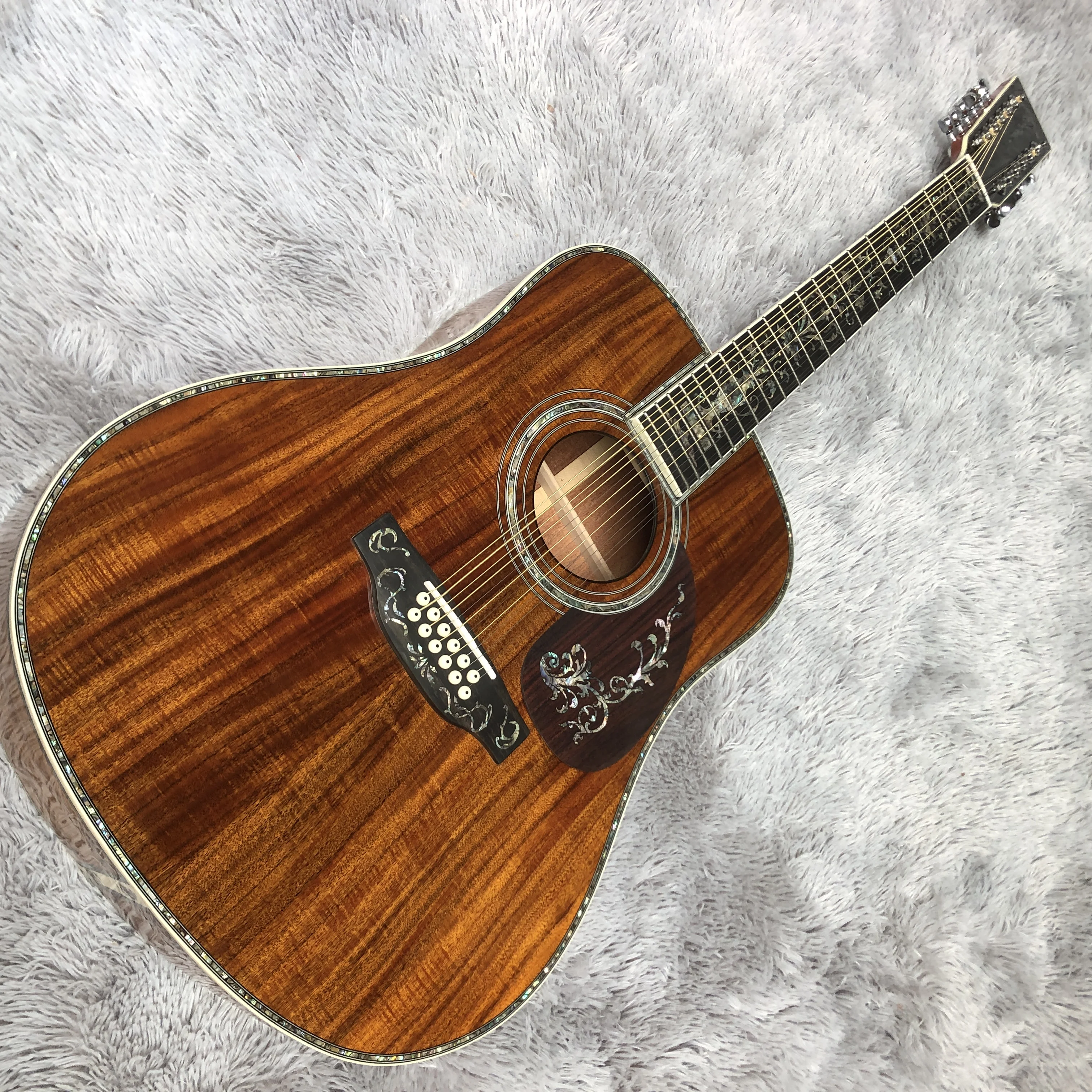 

41 inch full KOA wood abalone inlaid 12 string black finger acoustic guitar