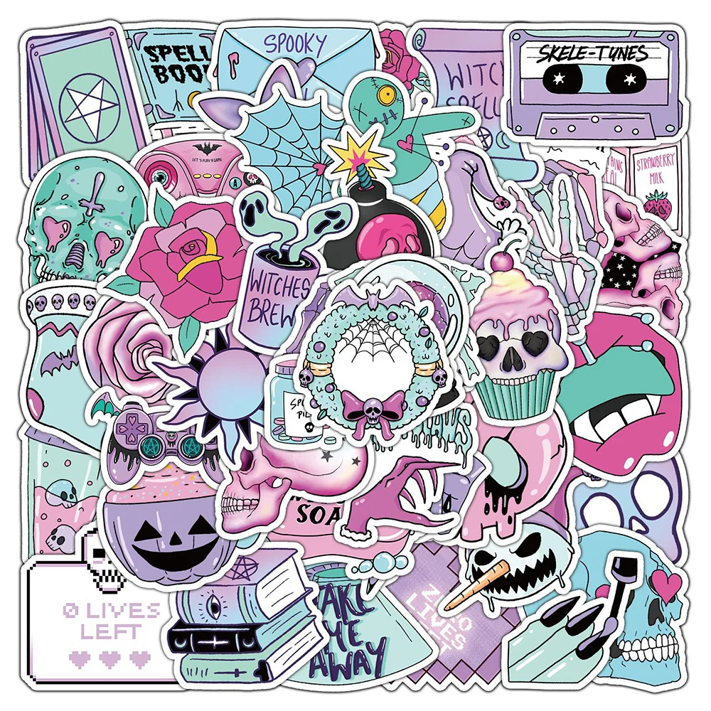 

10/30/50PCS Cute Cartoon Gothic Halloween Skull Magic Stickers DIY Luggage Phone Skateboard Guitar Fridge Car Waterproof Sticker